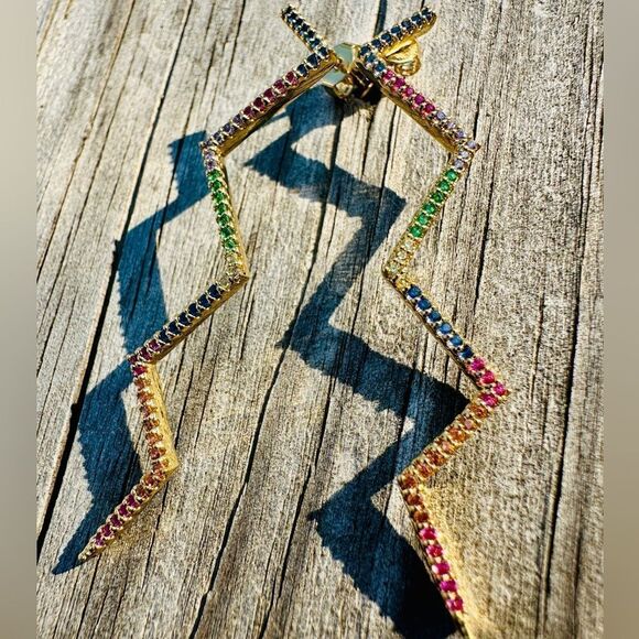 Dazzling Zigzag Rainbow Earrings – Gold Plated Multicolor Zigzag Earrings - Picture 10 of 17